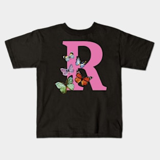 Letter pink R with colorful butterflies Kids T-Shirt